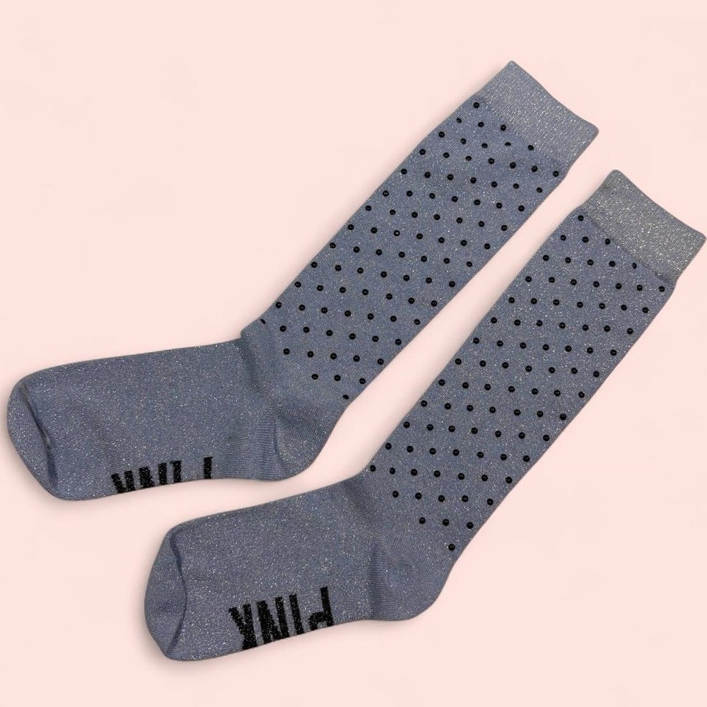 Victoria’s Secret PINK polka dot glitter socks 
Blue grey